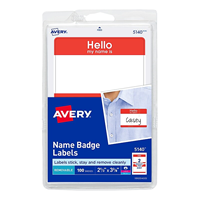 Avery "Hello" Sticker Name Badge Labels, 2-1/3" x 3-3/8", White w/ Red Border, 100/Pack
