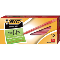 BIC Round Stic Xtra Life Ballpoint Pens, Medium Point (1.0mm), Red, Dozen