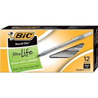 BIC Round Stic Xtra-Life Ballpoint Pen, Medium Point, 1.0mm, Black Ink, Dozen