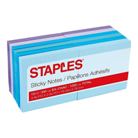 Staples Stickies Standard Notes, 3" x 3" Assorted, 100 Sheets/Pad, 12 Pads/Pack