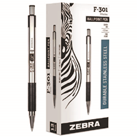 Zebra F-301 Retractable Ballpoint Pen, Fine Point, Black Ink, Dozen